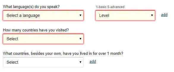 6) La page suivante fait partie de la catégorie "plus à propos de vous". De nombreuses informations y sont requises : Les langues que vous parlez et votre niveau dans chacune d’elles, ainsi que les pays dans lesquels vous avez vécu plus d’un mois.